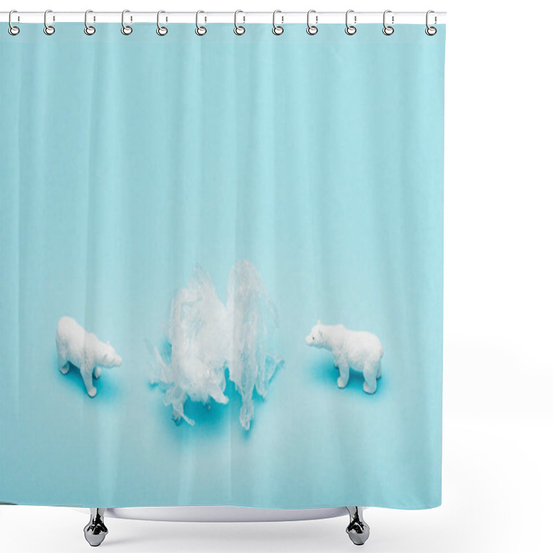 Personality  Toy Polar Bears With Polyethylene Bag On Blue Background, Environmental Pollution Concept Shower Curtains