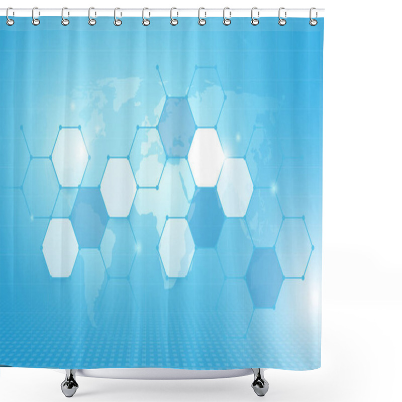 Personality  Abstract Geometric Hexagon Pattern And Wold Map With Technology Digital Hi Tech Hexagons Concept Background Shower Curtains