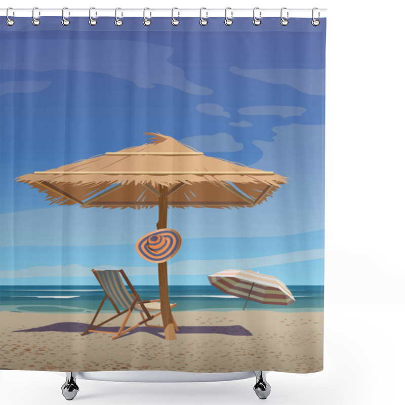 Personality  A Set Of Straw Umbrella And Sun Lounger On The Sunny Beach. Vector. Shower Curtains