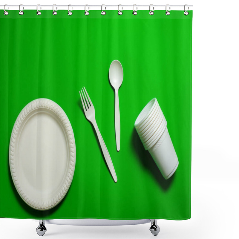 Personality  Organic Fork, Spoon, Plate And Glasses Of Cornstarch On A Green Background. Isolate. Place For Text. Biodegradable Tableware. Ecologicaly Clean. Modern Replacement For Plastic. Shower Curtains