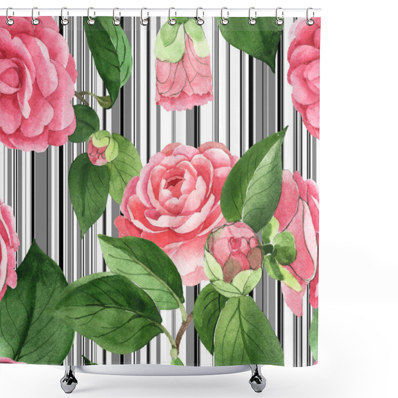 Personality  Pink Camellia Flowers With Green Leaves On White Background With Black Lines. Watercolor Illustration Set. Seamless Background Pattern.  Shower Curtains