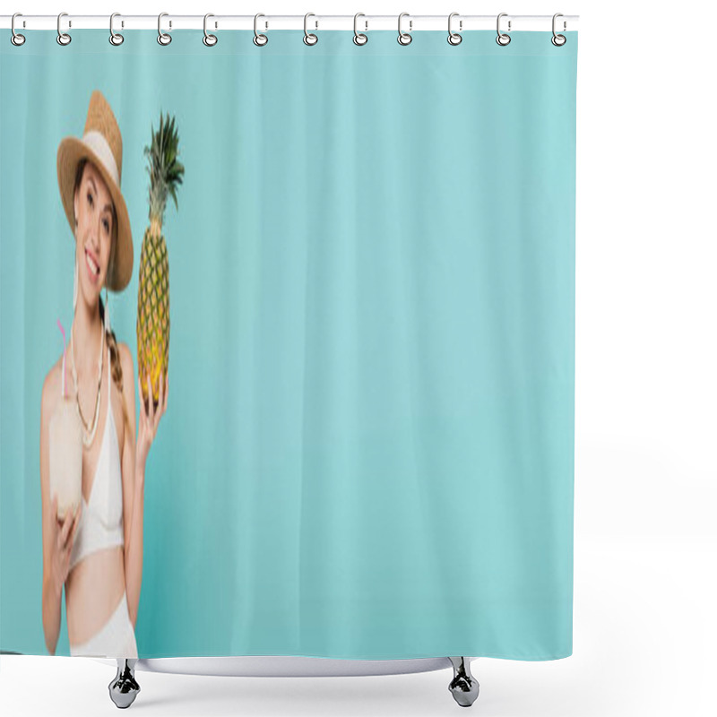 Personality  Happy Woman In Sun Hat Holding Pineapple And Cocktail In Coconut Isolated On Blue, Banner  Shower Curtains