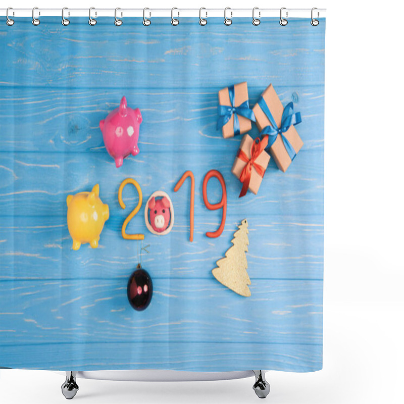 Personality  Top View Of 2019 Symbol With Pink And Yellow Piggy Banks And Christmas Presents On Blue Wooden Surface Shower Curtains