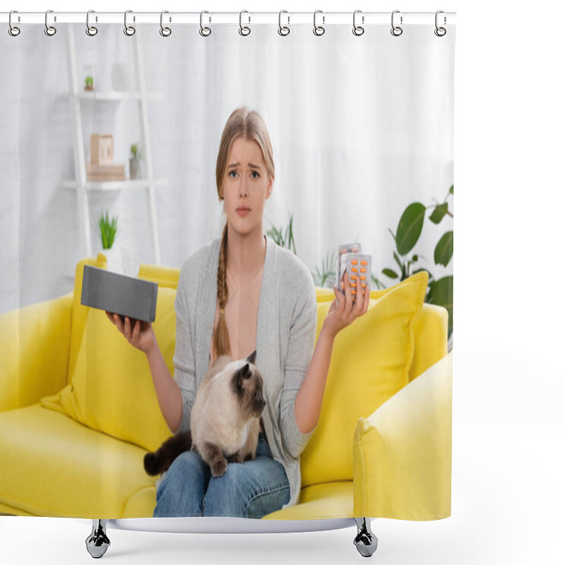 Personality  Displeased Woman With Allergy Holding Pills And Box With Napkin Near Siamese Cat  Shower Curtains