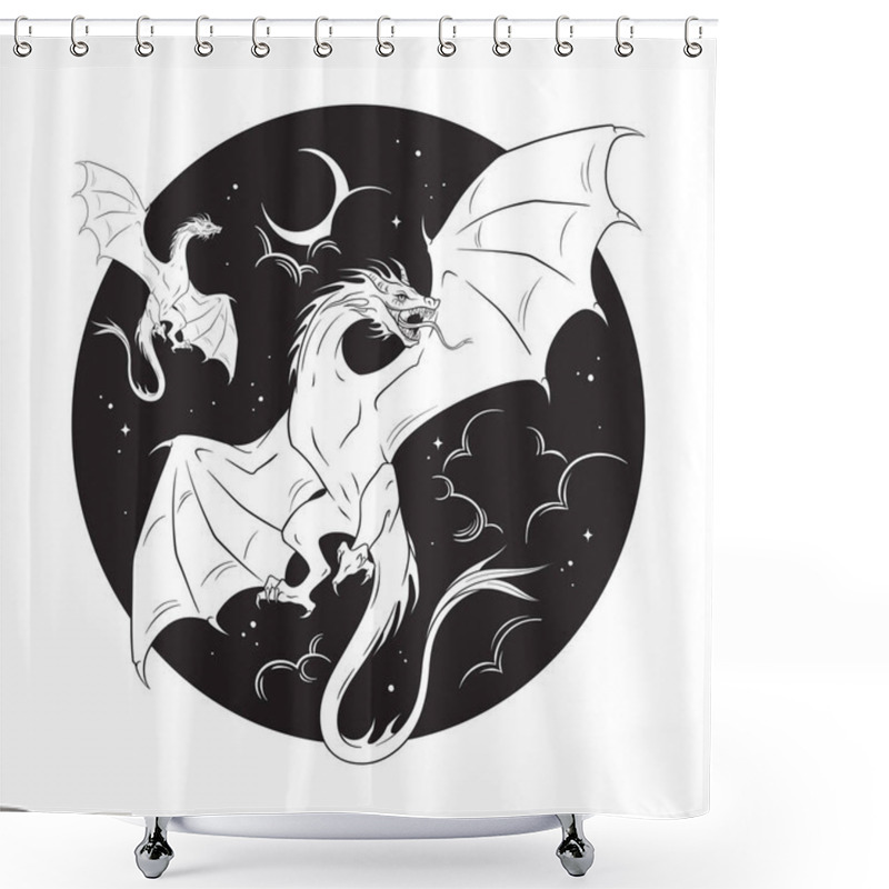 Personality  Dragons Folklore Magic Animals Over Night Sky With Crescent Moon And Stars Hand Drawn Line Art Gothic Tattoo Design Isolated Vector Illustration. Shower Curtains