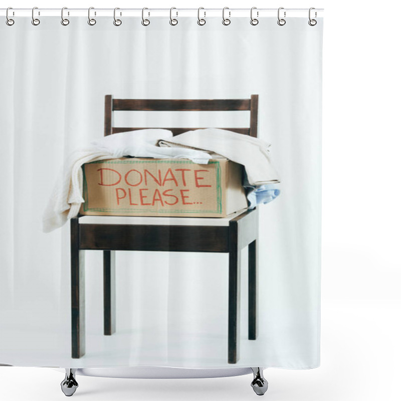 Personality  Cardboard Box With Donated Clothes On Wooden Chair On White Shower Curtains