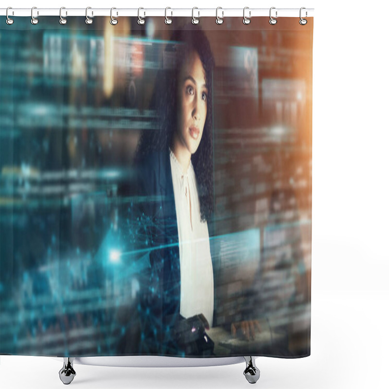 Personality  Futuristic, AI And Business Woman, Cyber Data And Connectivity, Iot Overlay And Technology Innovation. Digital Transformation, Tech Analytics And Mockup Space, Web Dashboard And Internet Holographic. Shower Curtains