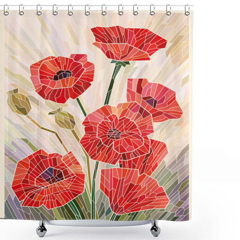 Personality  Color Stained Glass. Red Poppies On A Beige Background. Light Lines. Vector Full Color Graphics Shower Curtains