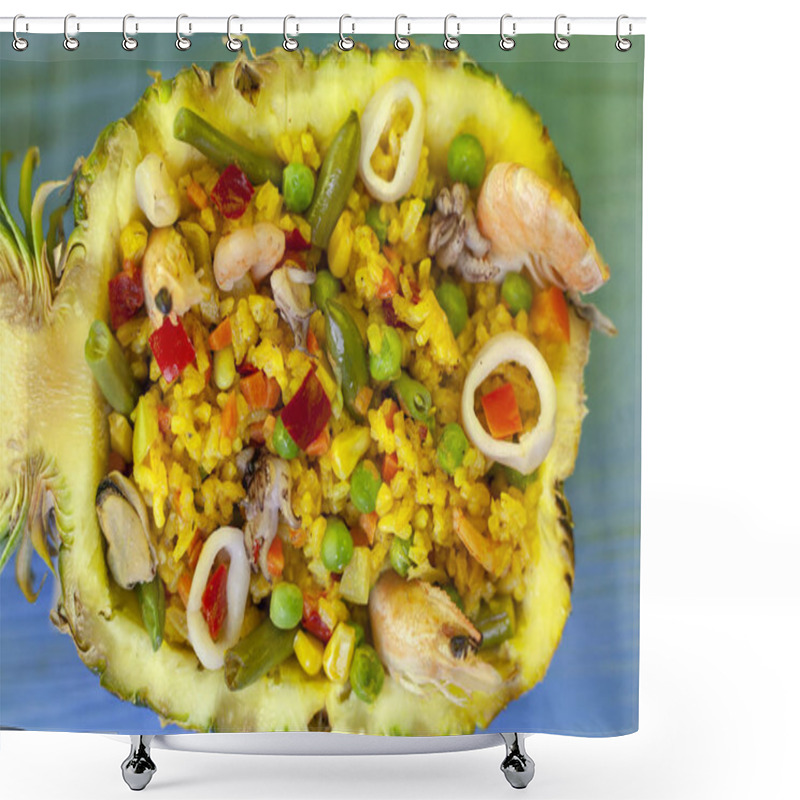 Personality  Rice In A Pineapple With Seafood On A Blue Background, Close-up Shower Curtains