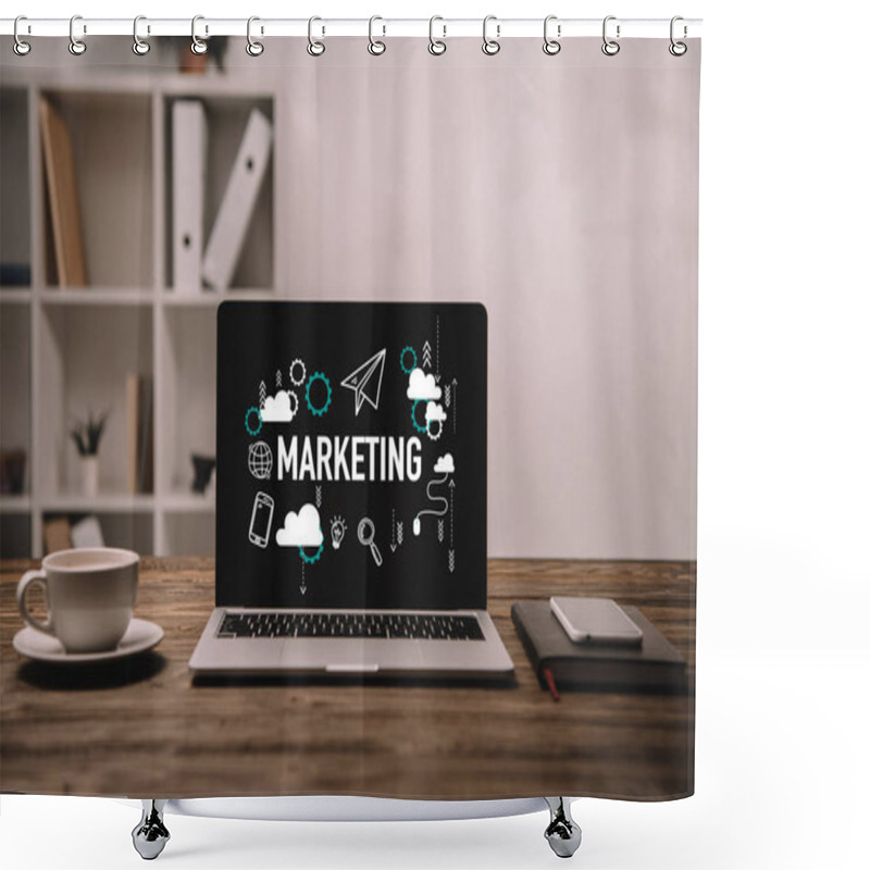 Personality  Laptop With Marketing Icons, Smartphone And Cup Of Coffee On Wooden Table Shower Curtains