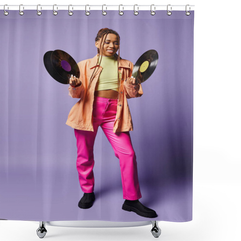 Personality  Happy African American Girl In Her 20s With Dreadlocks Comparing Vinyl Discs On Purple Backdrop Shower Curtains