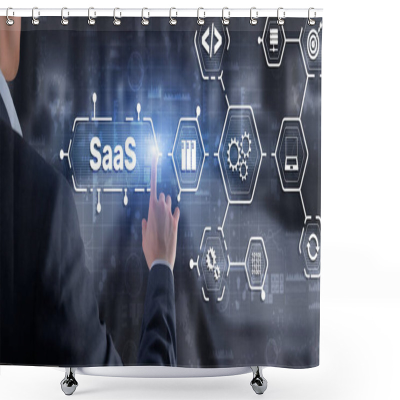 Personality  SaaS Software As A Service Concept With Man Hand Pressing Text. Shower Curtains