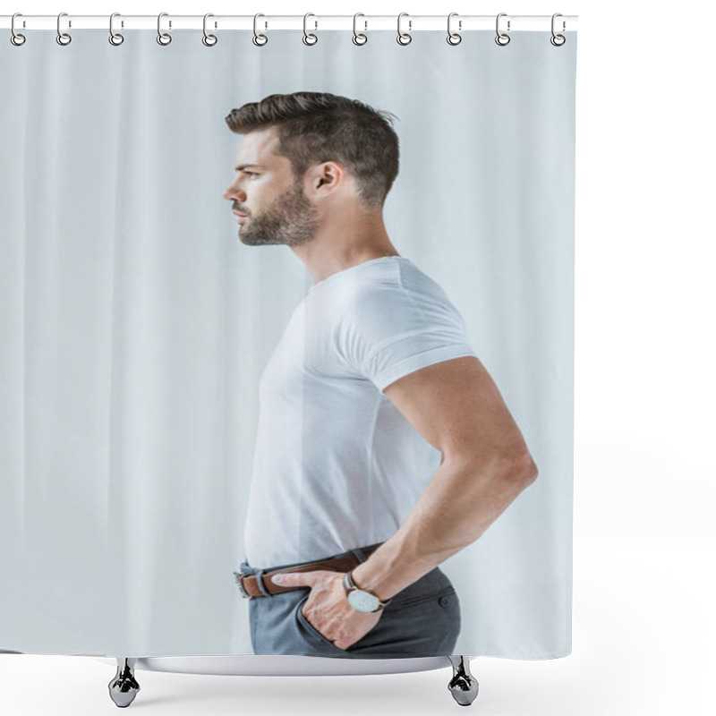 Personality  Profile View Of Handsome Bearded Man Isolated On White Background Shower Curtains