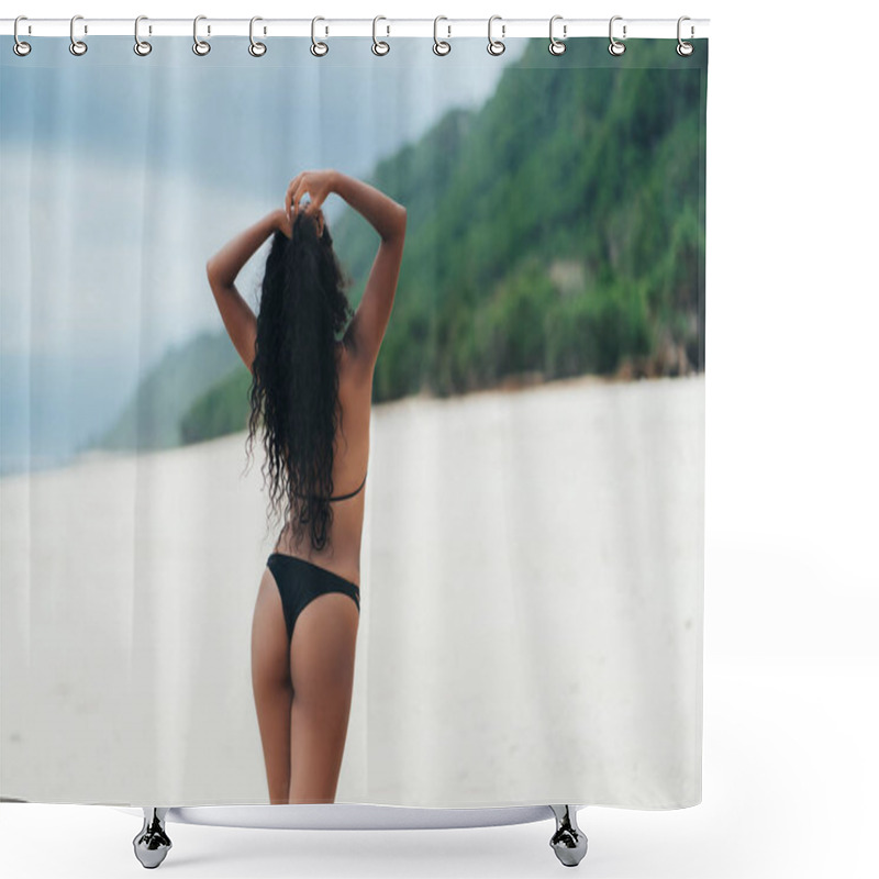 Personality  Backside View Of Dark Skined Girl With Sexy Booty In Bikini Resting On Deserted Sandy Beach Shower Curtains