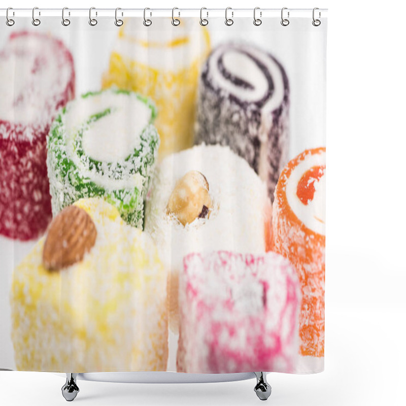 Personality  Close Up View Of Assorted Delicious Turkish Delight In Coconut Flakes Isolated On White Shower Curtains