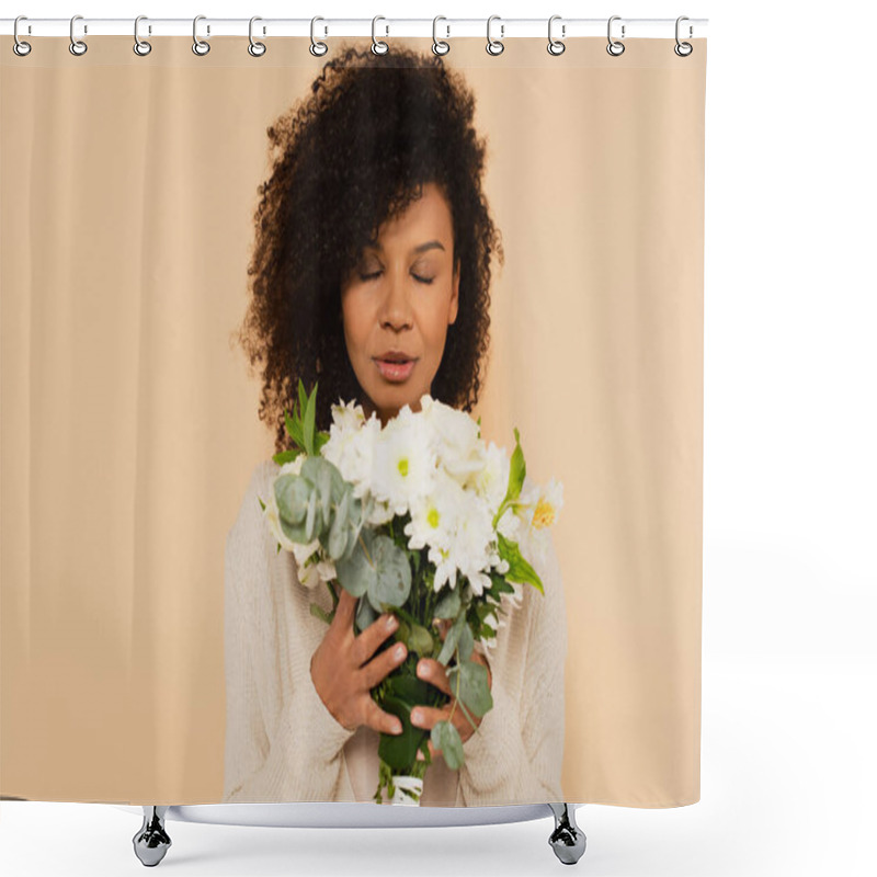 Personality  African American Woman Smelling Bouquet Of Daisies With Closed Eyes Isolated On Beige Shower Curtains