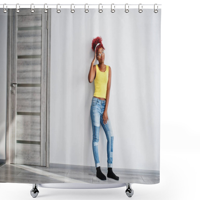 Personality  African American Woman In Yellow Singlet And Eyglasses Against White Wall. Shower Curtains