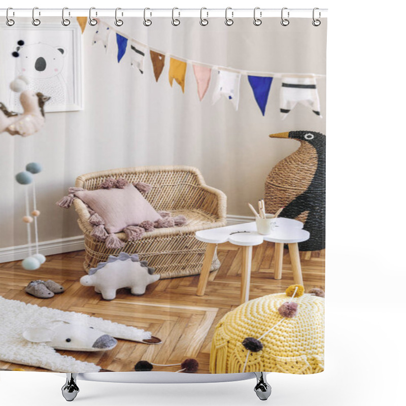 Personality  Stylish Scandinavian Interior Of Child Room With Natural Toys, Hanging Decoration, Design Furniture, Plush Animals, Teddy Bears, Mock Up Poster And Accessories At Modern Home Decor.  Shower Curtains