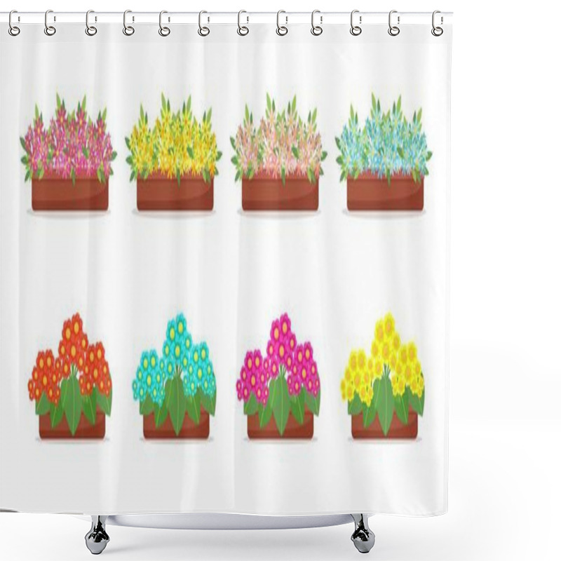 Personality  Flowers In Pots In Flat Style Set, Big Collection Of Spring Flowers In Boxes, Vectors Isolated Shower Curtains