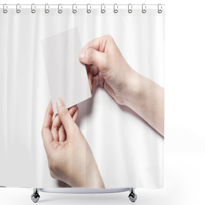 Personality  Holding A White Postcard. Shower Curtains