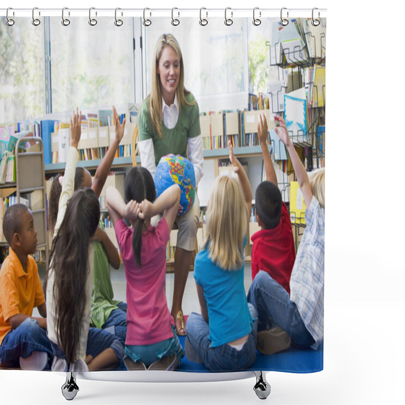 Personality  Kindergarten Teacher And Children With Hands Raised In Library Shower Curtains