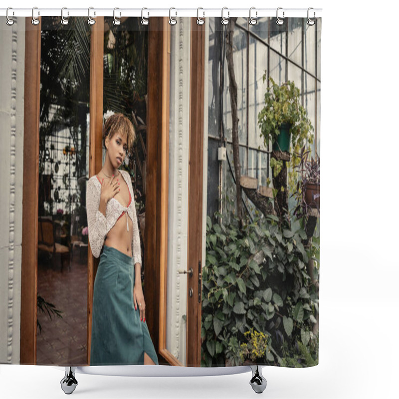 Personality  Stylish And Modern Young African American Woman In Knitted Top And Skirt Standing Near Entrance Of Indoor Garden, Stylish Lady Surrounded By Exotic Tropical Foliage Shower Curtains