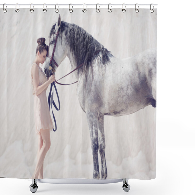 Personality  Beautiful Young Woman Hugging The Horse Shower Curtains