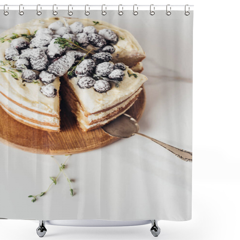 Personality  Close-up Shot Of Tasty Sliced Blackberry Cake On Wooden Cutting Board With Cake Server Shower Curtains