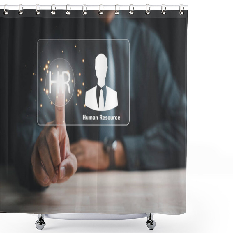 Personality  Modern HR Touchpoints, A Businessman Interacts With A Virtual Interface, Highlighting The Integration Of Technology In Employee Recruitment And Career Development. Embracing The Power Of Digital Touch Shower Curtains