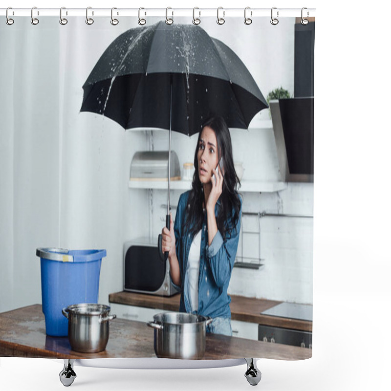 Personality  Shocked Woman With Umbrella Dealing With Water Damage In Kitchen And Talking On Smartphone Shower Curtains