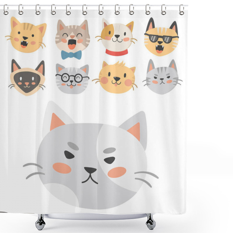 Personality  Cats Heads Vector Illustration Cute Animal Funny Decorative Characters Feline Domestic Trendy Pet Drawn Shower Curtains