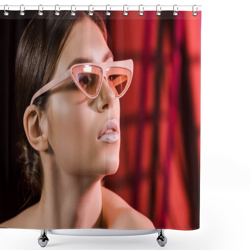 Personality  Portrait Of Stylish Model In Eyeglasses Posing On Dark Background Shower Curtains