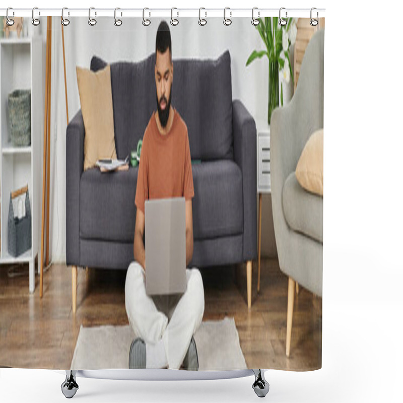 Personality  Man Focused And Working On Laptop While Enjoying His Comfortable Living Space. Shower Curtains