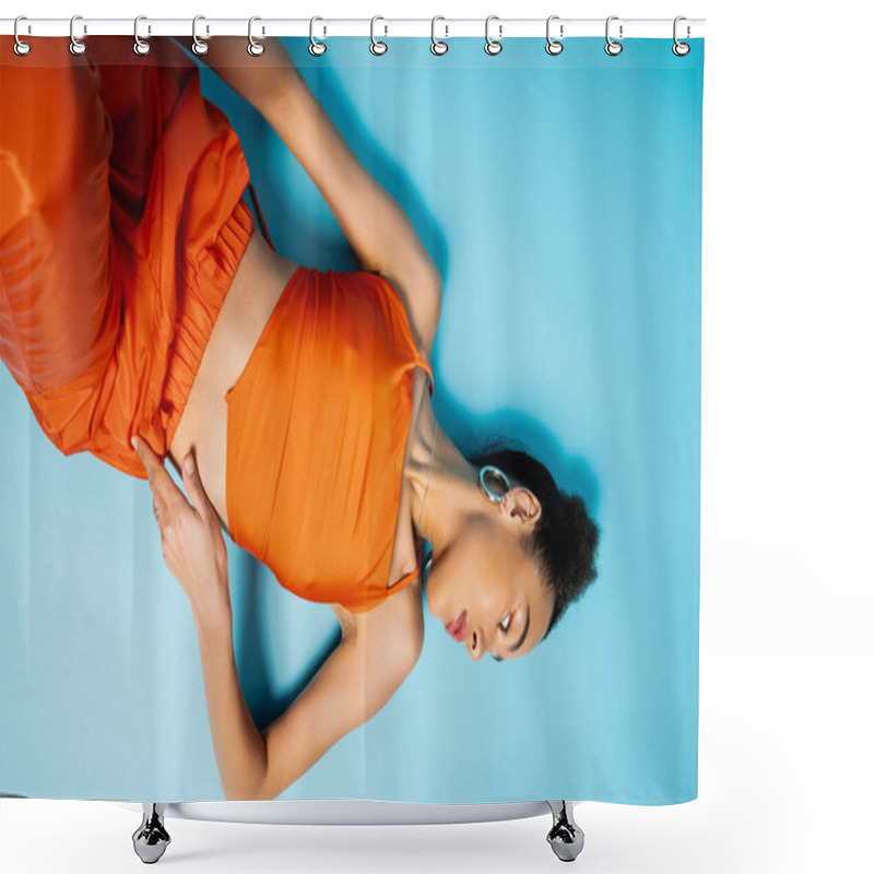 Personality  Attractive African American Fashion Model Posing On Blue Floor Wearing Orange Outfit And Earrings Shower Curtains