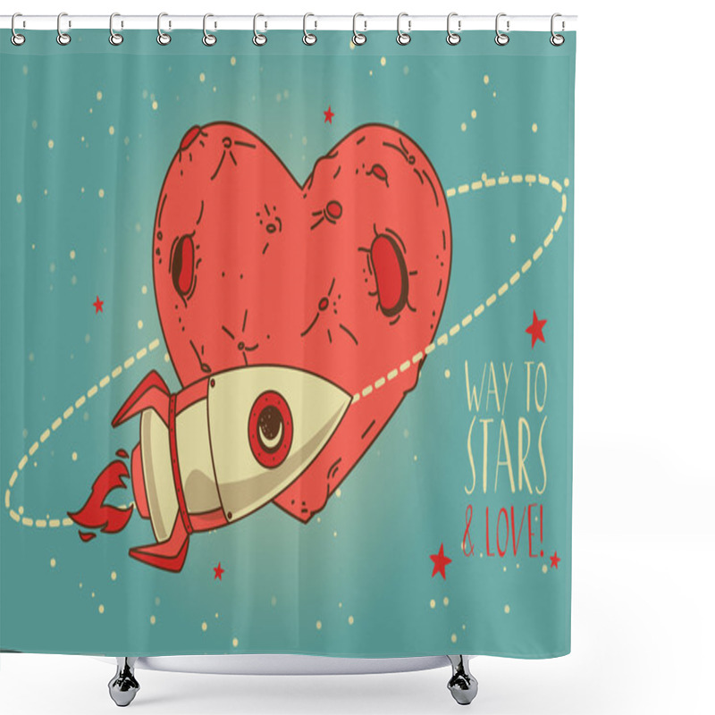 Personality  Cosmic Card For Valentine's Day With Rocket On Heart Formed Planet Orbit Shower Curtains