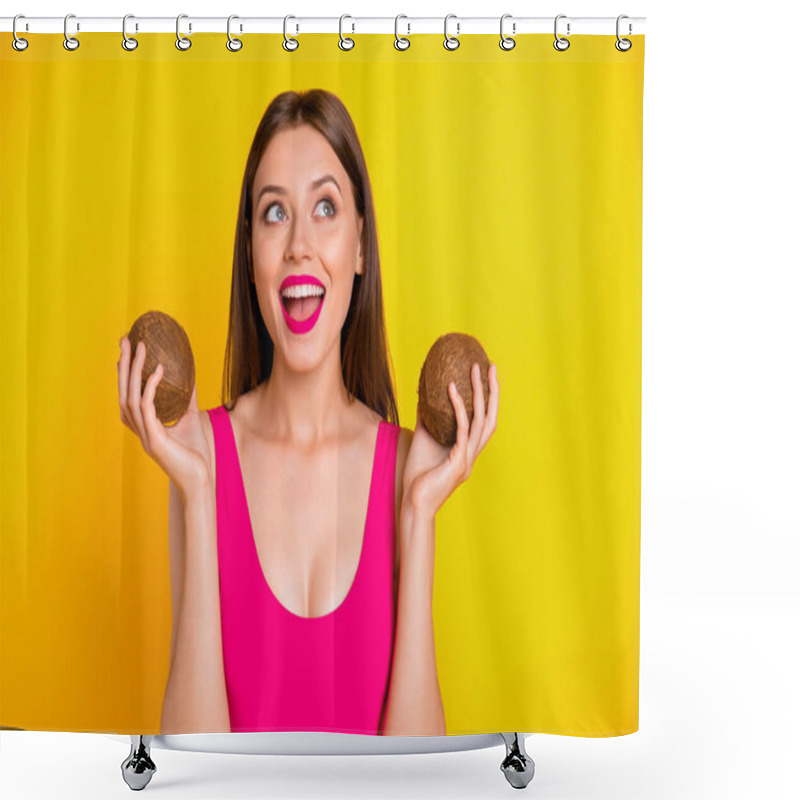 Personality  Trip Tourism Enjoy Nutrition Cocktail Concept. Closeup Photo Portrait Of Joking Funny Funky Cute Sweet Careless Beautiful Looking Away Holding Objects In Hands Lady Isolated On Bright Background Shower Curtains