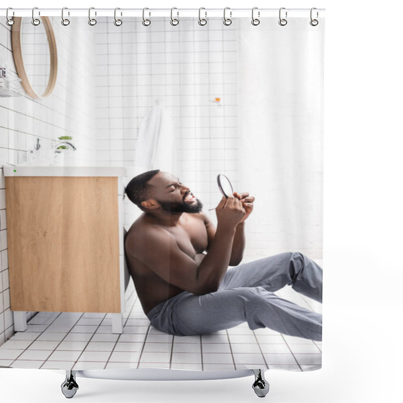 Personality  Side View Of Afro-american Man Sitting On Bathroom Floor And Looking At Gum In Small Mirror Shower Curtains