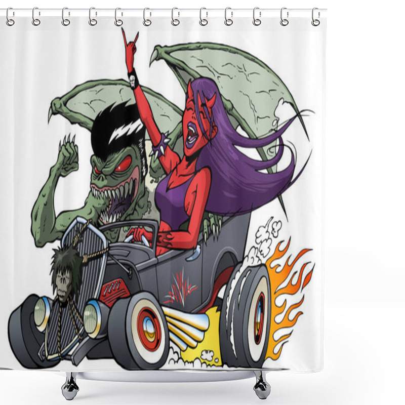 Personality  Monster Hot Rod With Driving Demon Girl And Monster Riding Shotgun Shower Curtains