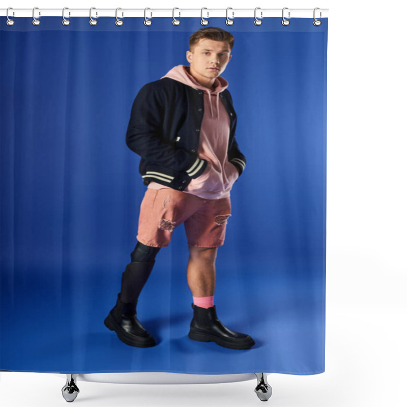 Personality  A Young Handsome Man Stands Confidently Showcasing His Stylish Outfit And Prosthetic Leg. Shower Curtains