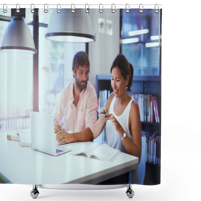 Personality  Student Taking Picture Of Textbook Shower Curtains