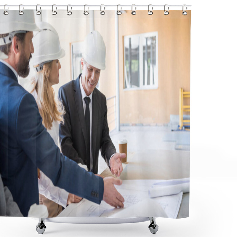 Personality  Contractors In Formal Wear Working With Blueprints Shower Curtains