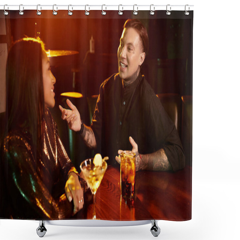 Personality  A Young Couple Shares Laughs And Cocktails While Enjoying A Vibrant Night Out At A Bar. Shower Curtains