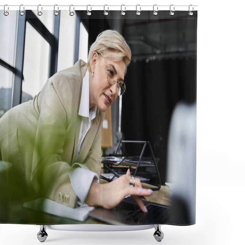 Personality  A Stylish Woman In Elegant Attire Is Intently Engaged With Her Laptop In A Chic Workspace. Shower Curtains