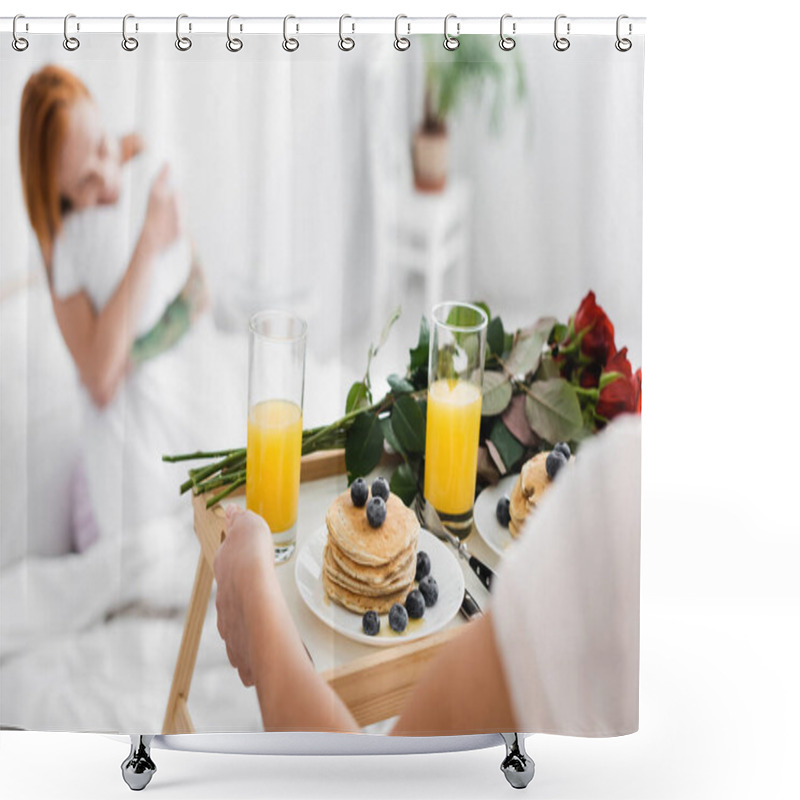 Personality  Lesbian Woman Holding Tray With Breakfast And Red Roses Near Girlfriend In Bed On Blurred Background Shower Curtains