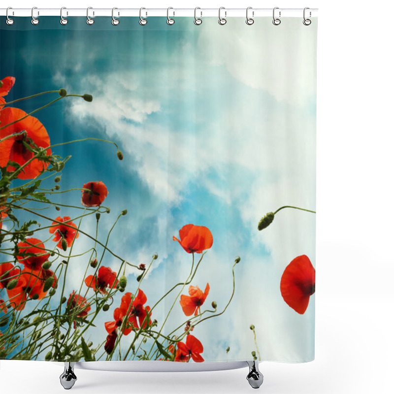 Personality  Sky Background With Red Poppies Flowers Shower Curtains