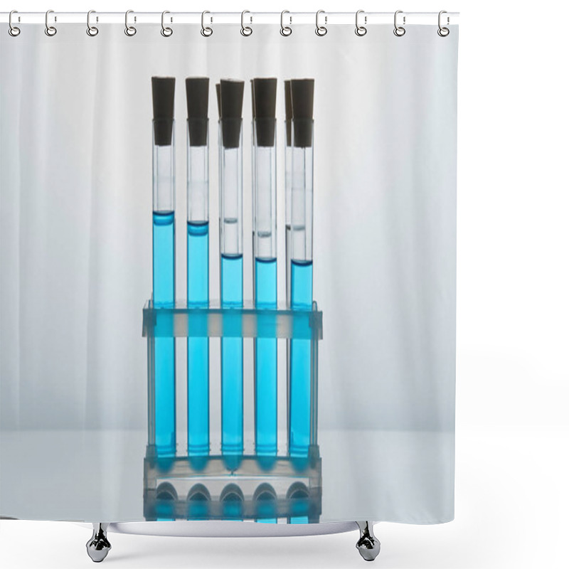 Personality  Row Of Chemistry Tubes Filled With Blue Liquid On Stand Shower Curtains