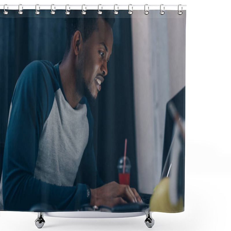 Personality  Smiling African American Programmer Sitting At Workplace At Night Shower Curtains