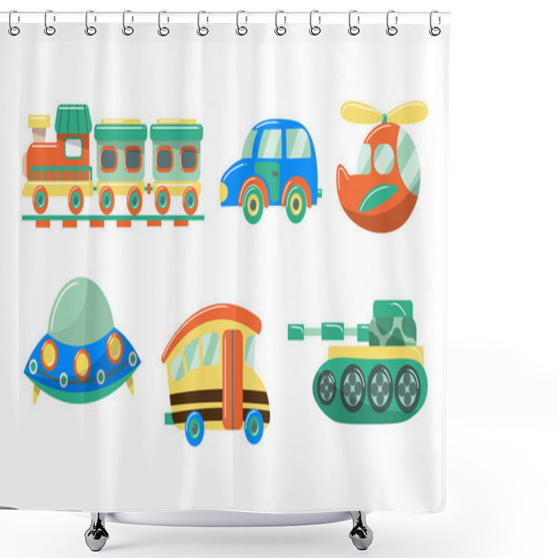 Personality  Set Of Cute Transportation Toys For Children. Vector Illustration In Flat Cartoon Style. Shower Curtains