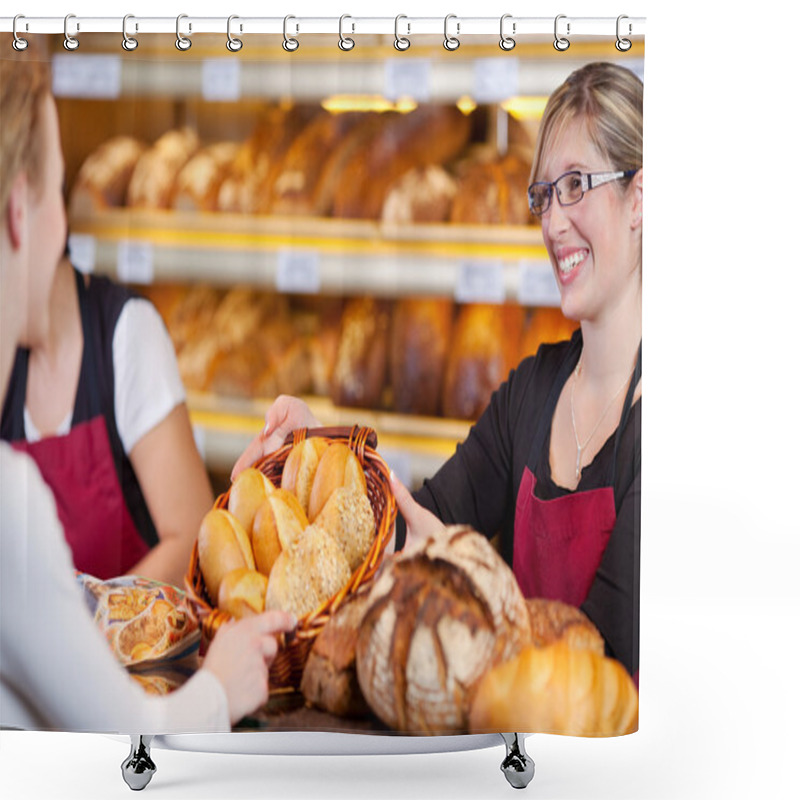 Personality  Worker Giving Breadbasket To Female Customer Shower Curtains