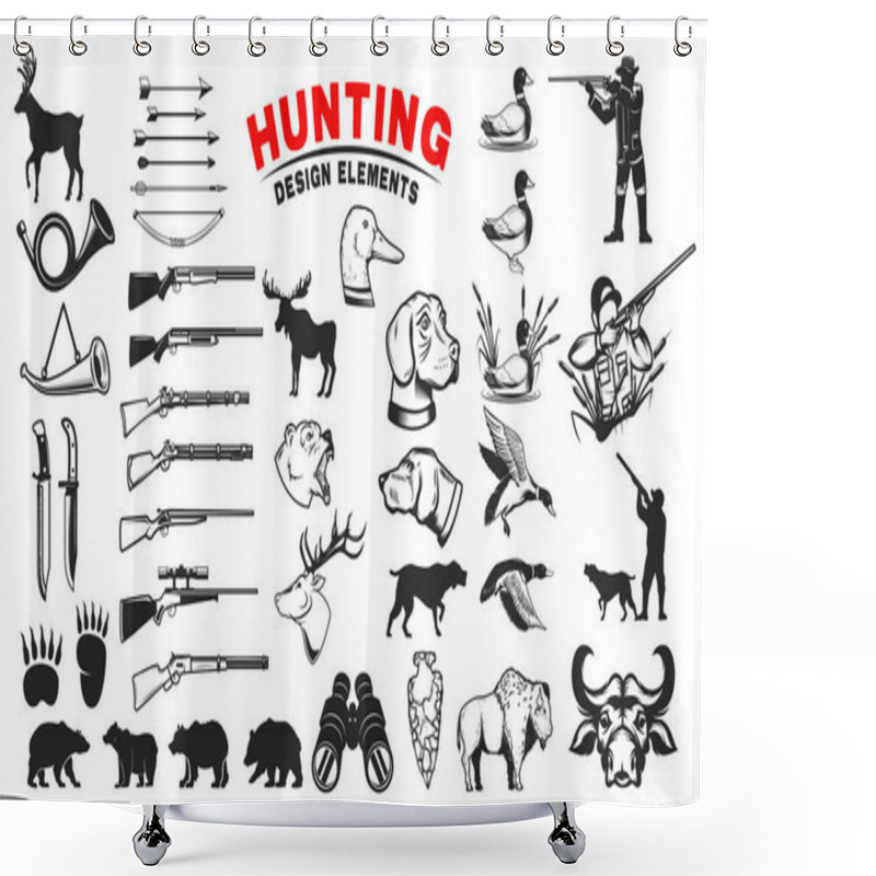 Personality  Set Of Hunting Design Elements. Hunting Dogs, Weapon, Shooters S Shower Curtains